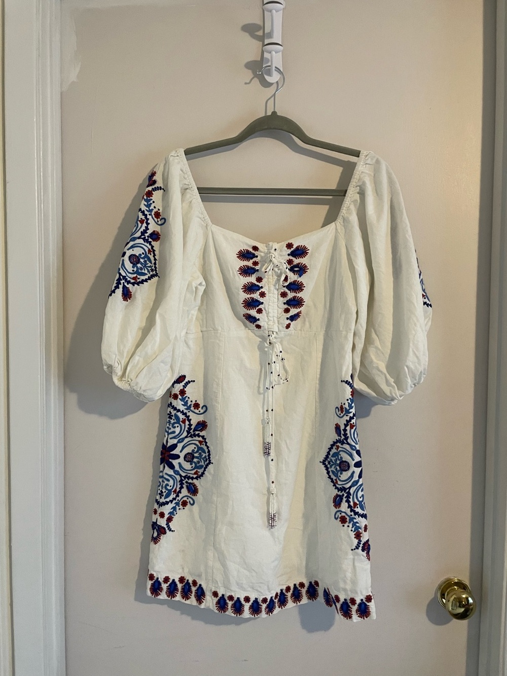 Farm Rio White Embroidered Puff Sleeve Linen Mini Dress Size S NWOT
